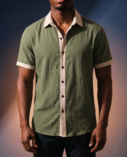 Men's Color-Block Camp Collar Shirt in Green on model, date night shirt