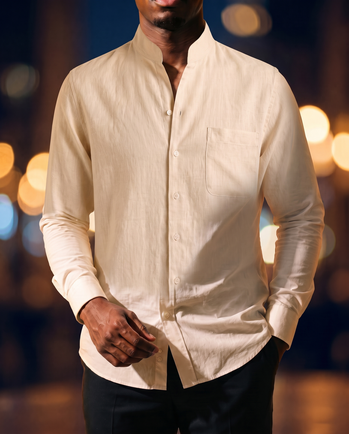 Men's Retro Long-Sleeve Shirt in Linen on model, date night shirt