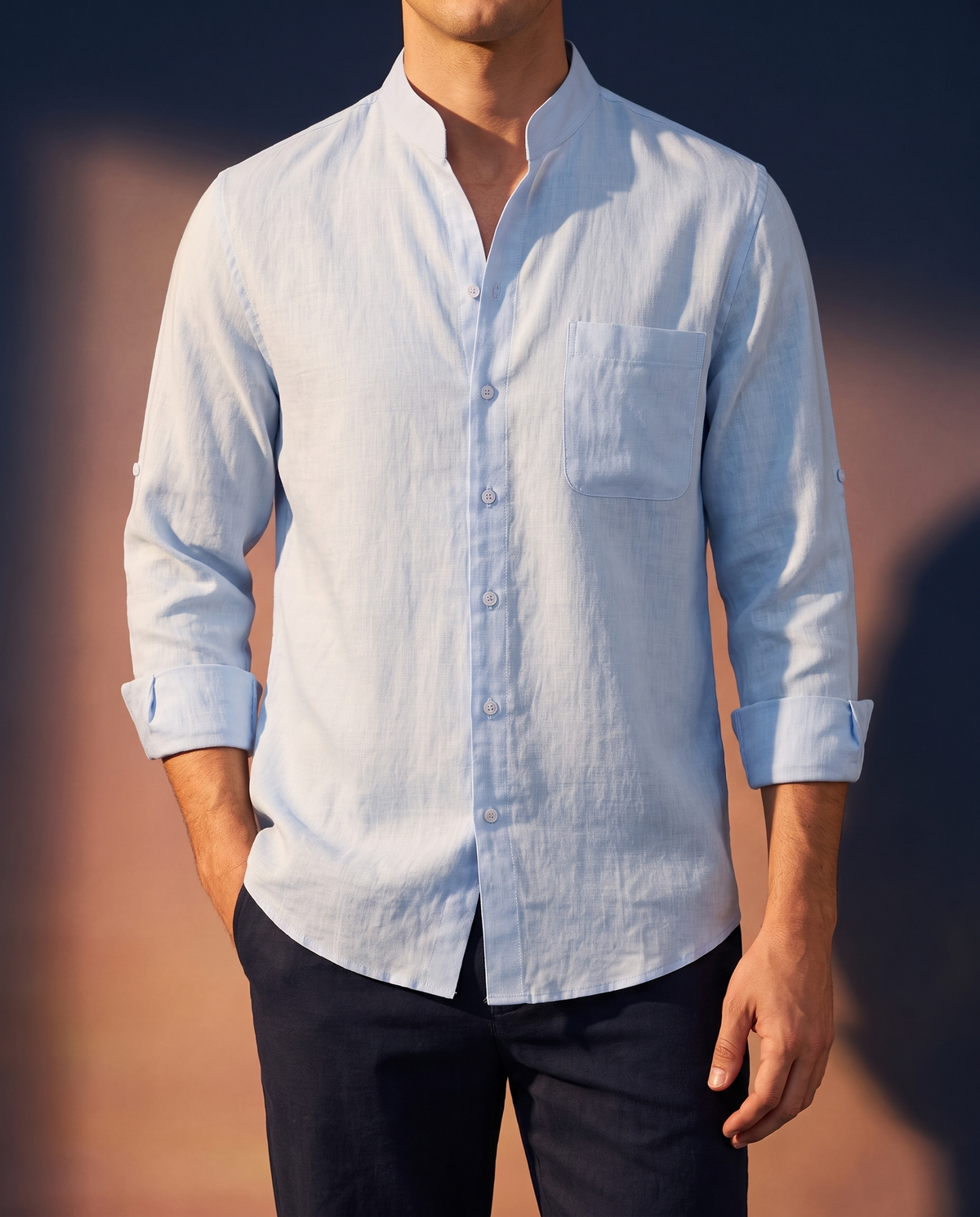 Men's Retro Long-Sleeve Shirt in Sky Blue on model, date night shirt