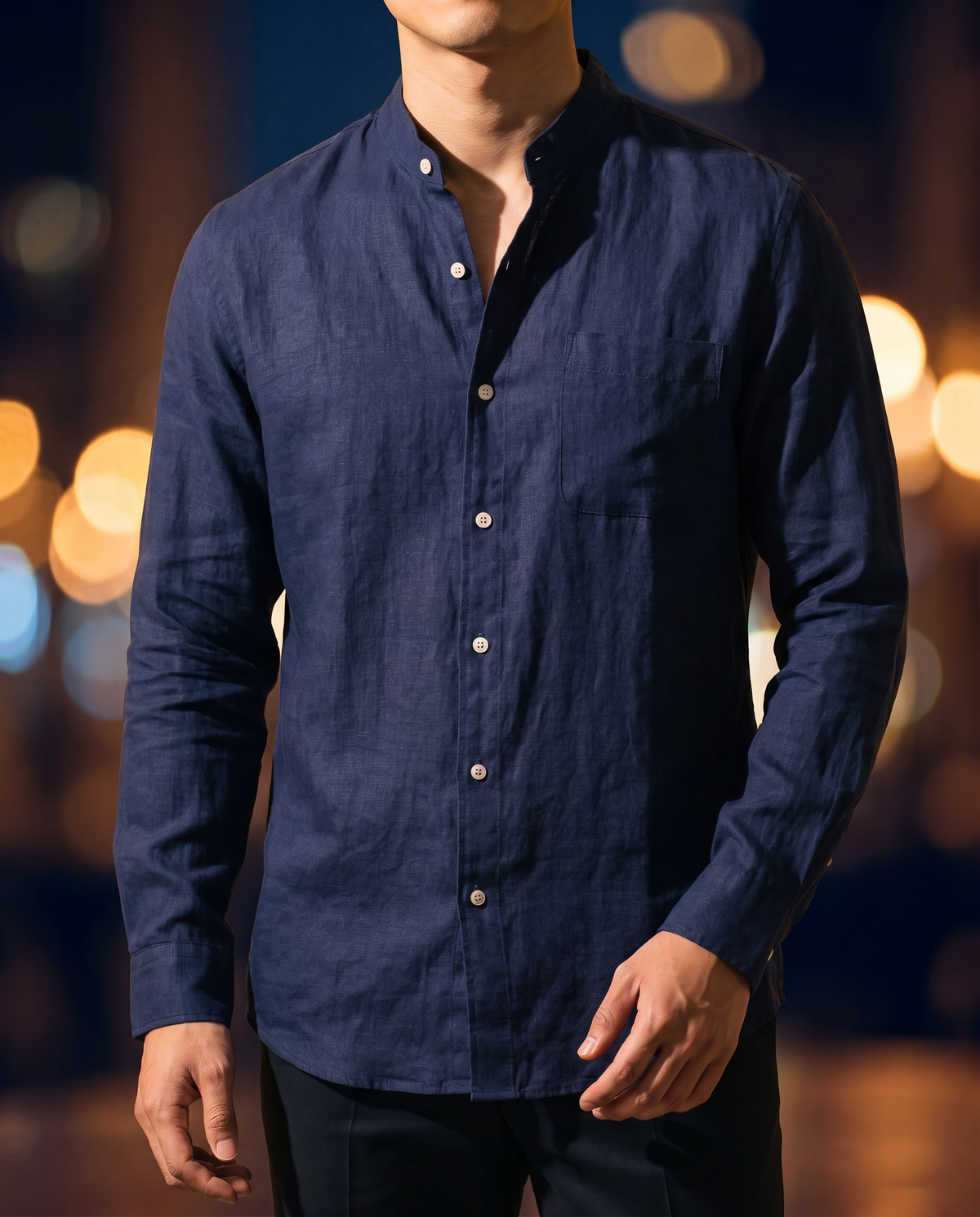 Men's Retro Long-Sleeve Shirt in Navy Blue on model, date night shirt