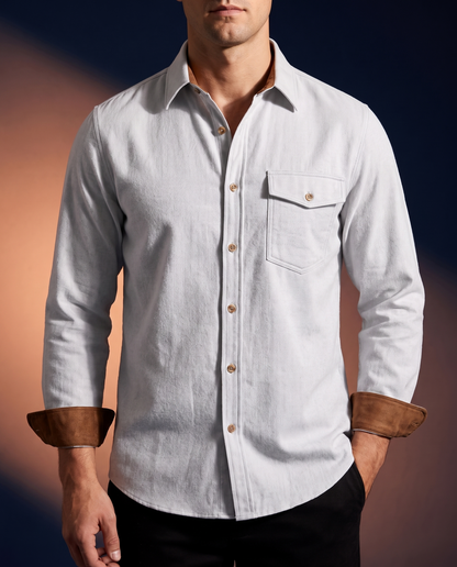 Men's Everyday Casual Shirt in Light Gray on model, date night shirt