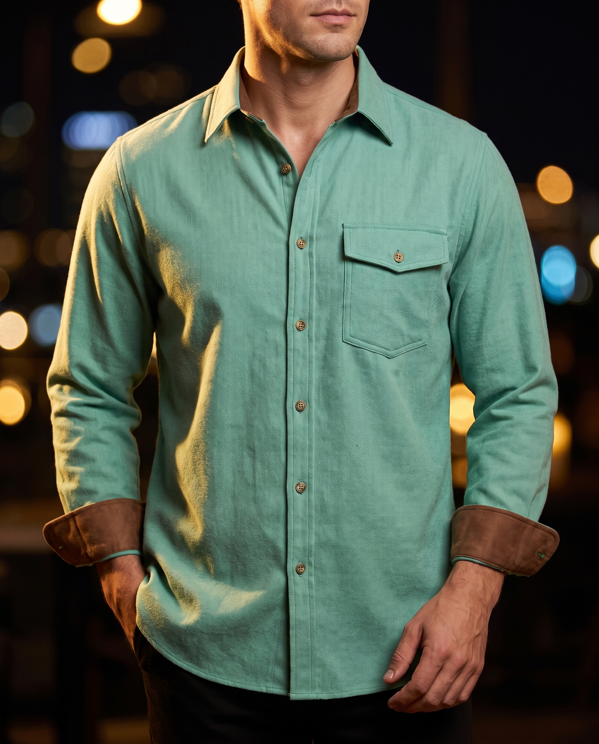 Men's Everyday Casual Shirt in Light Green on model, date night shirt