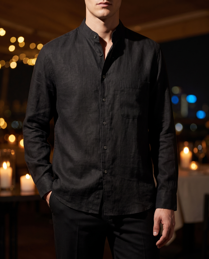 Men's Retro Long-Sleeve Shirt in Black on model, date night shirt