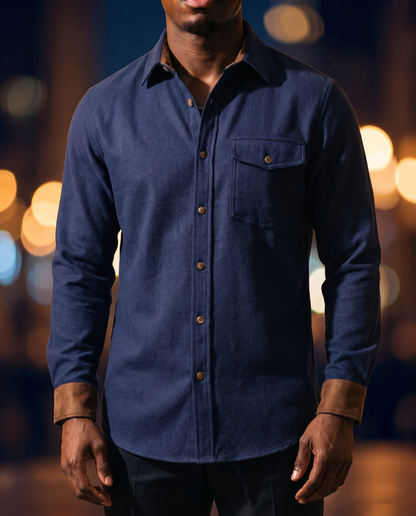 Men's Everyday Casual Shirt in Navy Blue on model, date night shirt