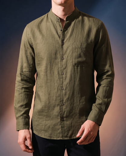 Men's Retro Long-Sleeve Shirt in Army Green on model, date night shirt