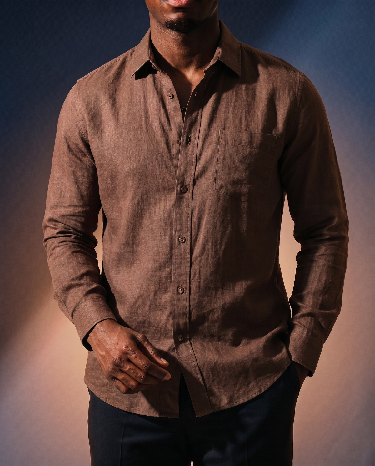 Men's Retro Long-Sleeve Shirt in Brown on model, date night shirt