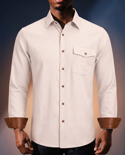 Men's Everyday Casual Shirt in White on model, date night shirt
