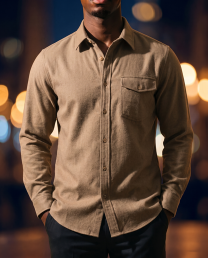Men's Everyday Casual Shirt in Khaki on model, date night shirt