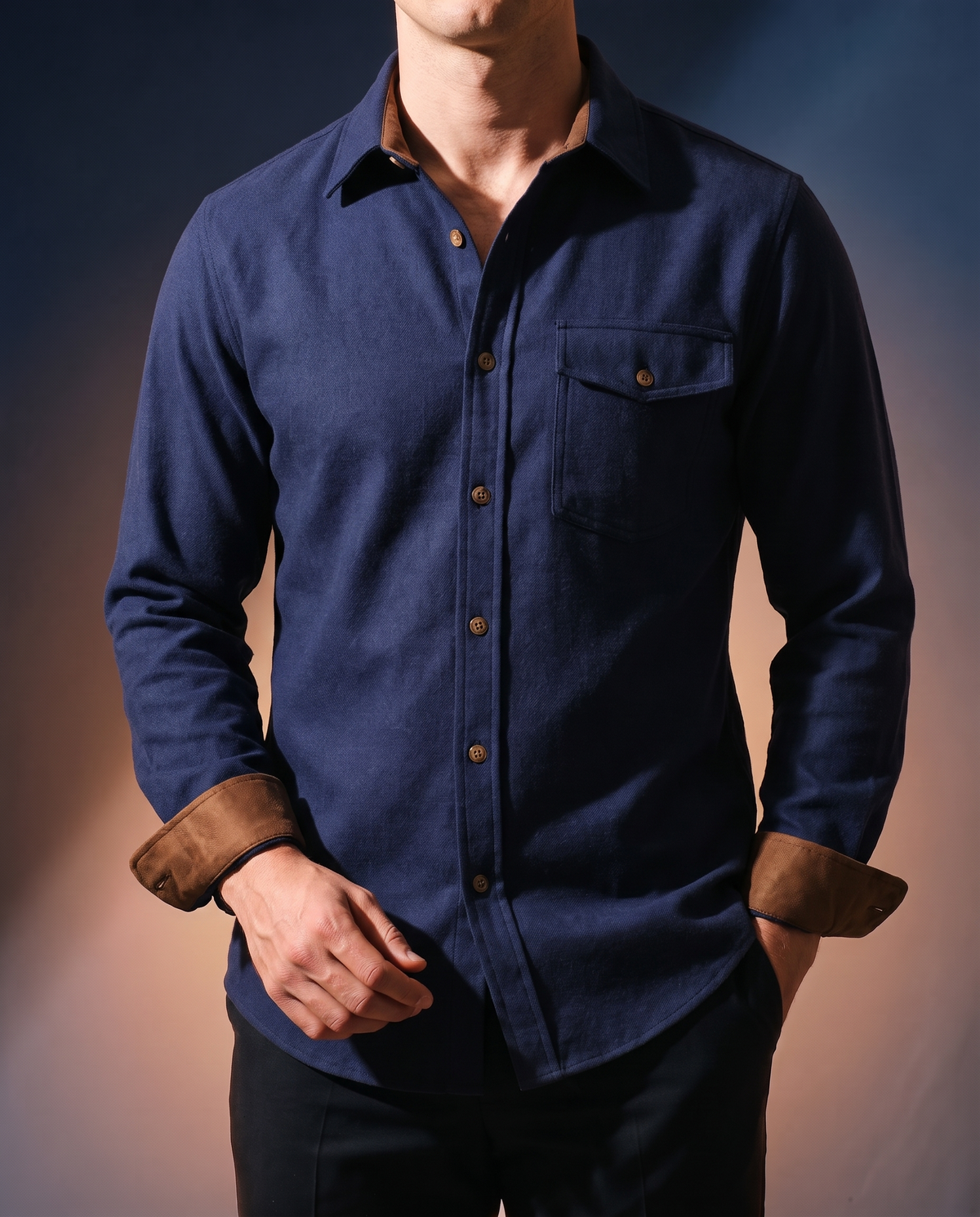 Men's Everyday Casual Shirt in Navy Blue on model, date night shirt