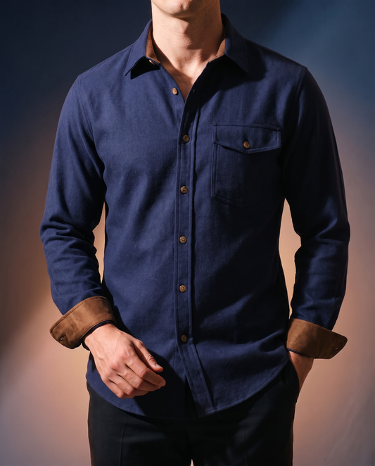Men's Everyday Casual Shirt in Navy Blue on model, date night shirt