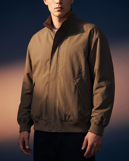 Men's Padded Stand-Collar Jacket in Coffee Color on model, affordable men's jacket