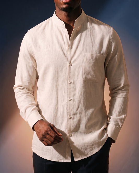 Men's Retro Long-Sleeve Shirt in Linen on model, date night shirt