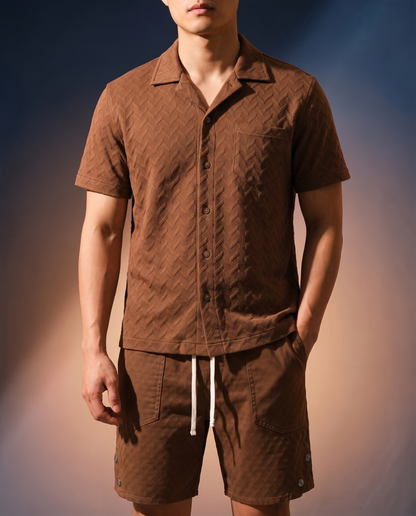 Men's Embossed Knit Polo in Brown on model, date night shirt