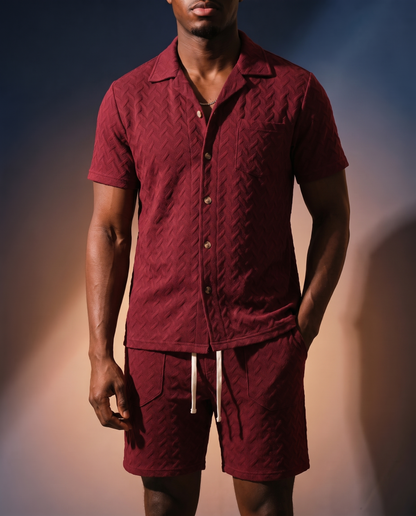 Men's Embossed Knit Polo in Wine Red on model, date night shirt