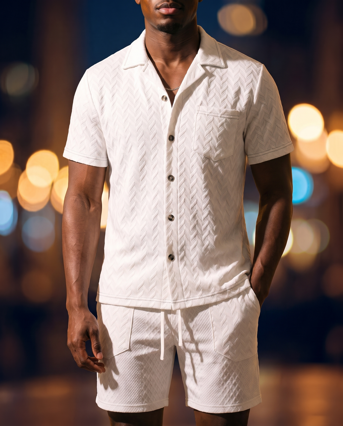 Men's Embossed Knit Polo in White on model, date night shirt