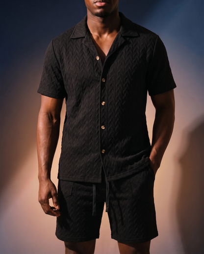 Men's Embossed Knit Polo in Black on model, date night shirt