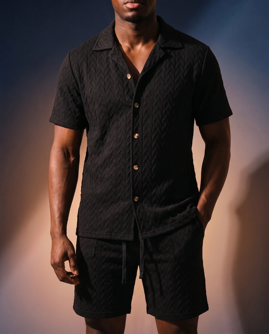 Men's Embossed Knit Polo in Black on model, date night shirt