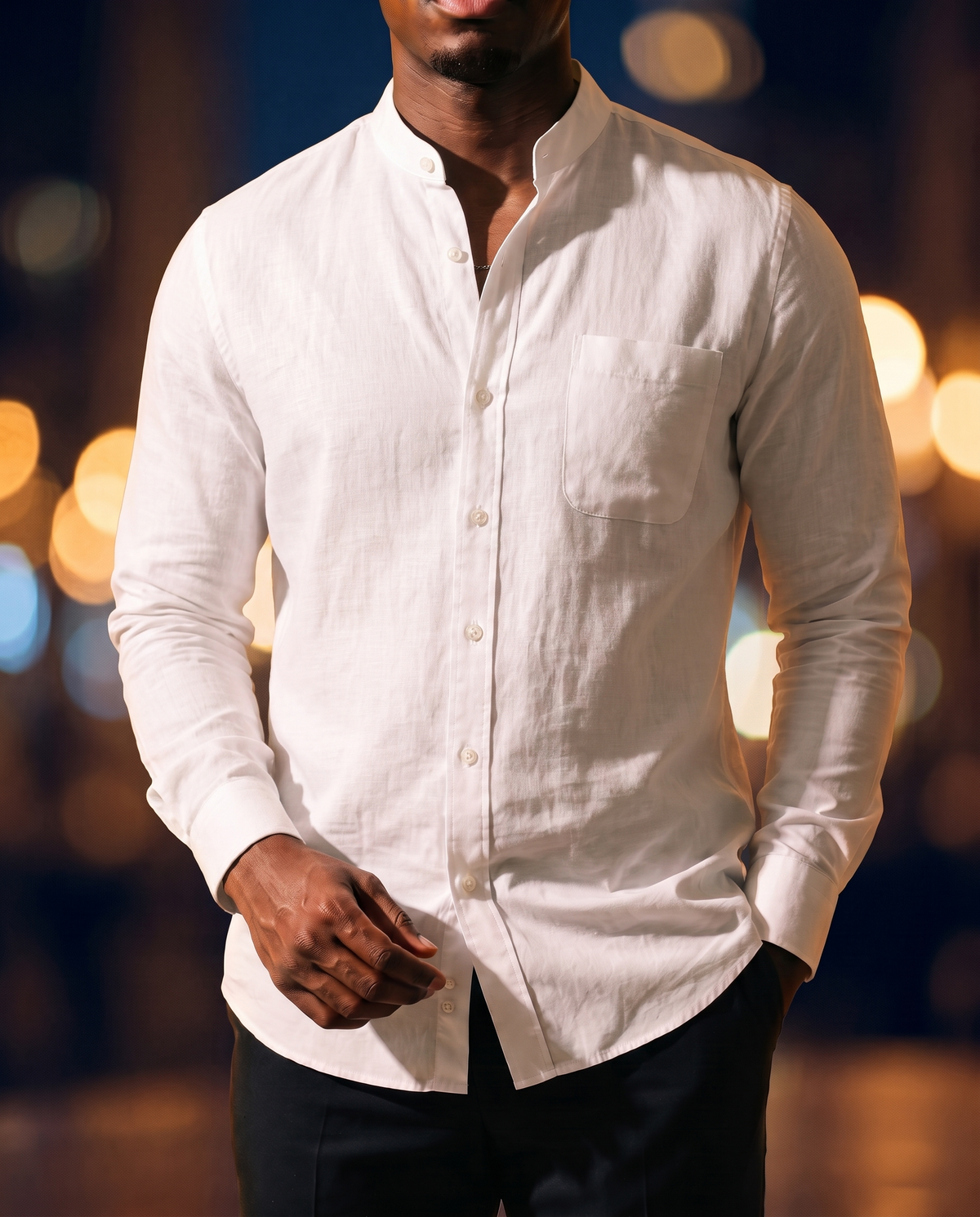 Men's Retro Long-Sleeve Shirt in White on model, date night shirt