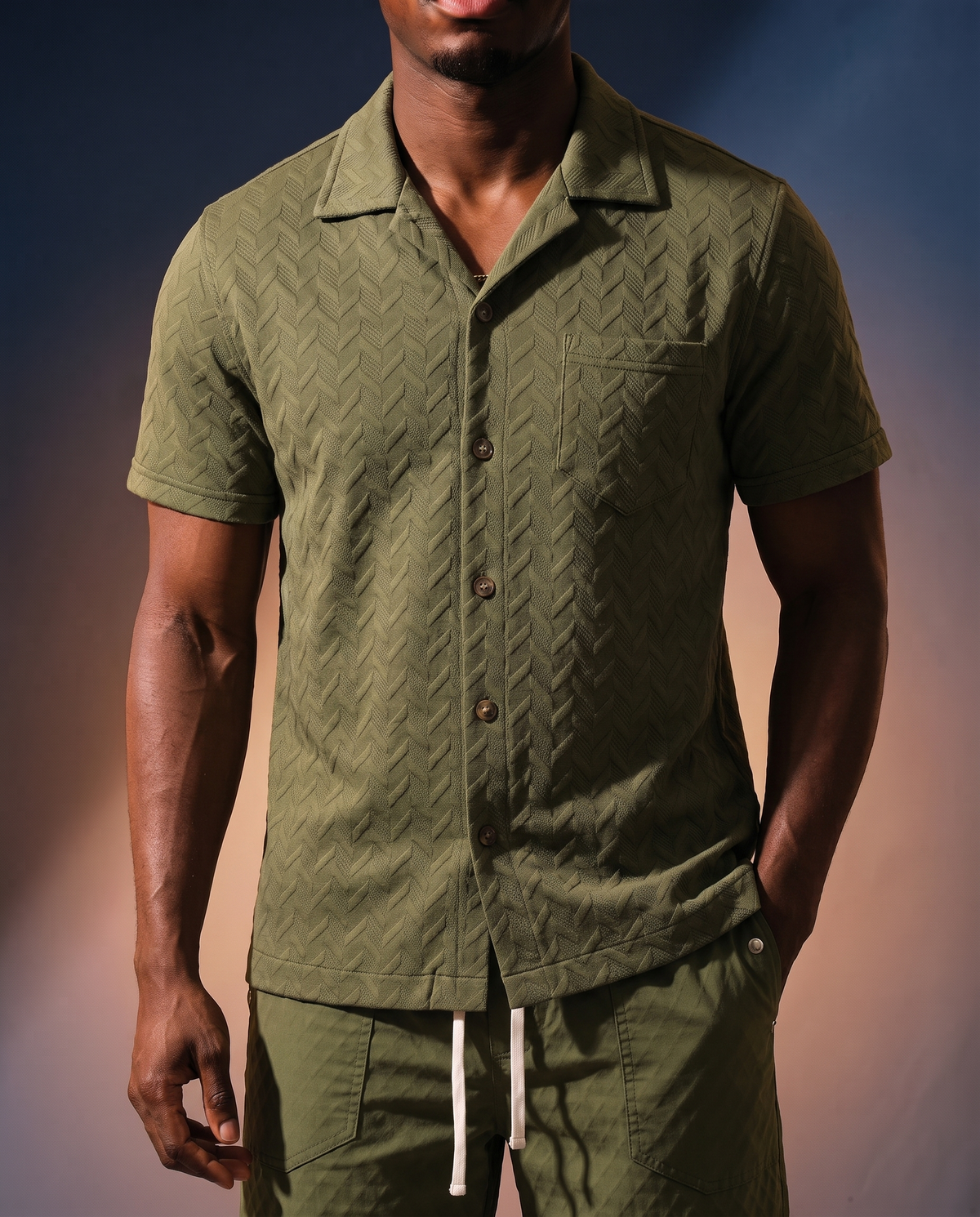 Men's Embossed Knit Polo in Army Green on model, date night shirt