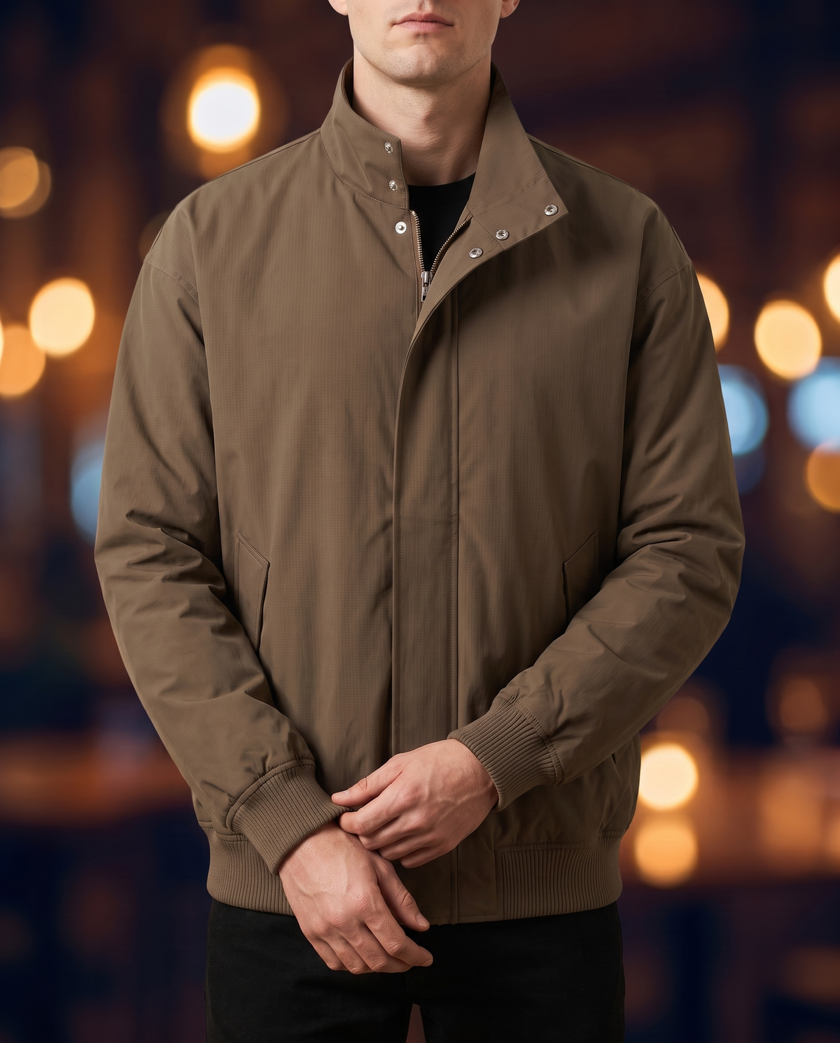 Men's Padded Stand-Collar Jacket in Coffee Color on model, affordable men's jacket