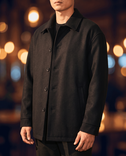 Men's Relaxed Wool Coat in Black With Cotton on model, affordable men's jacket