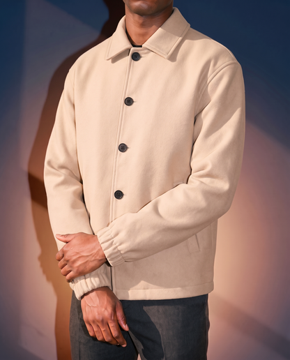 Men's Relaxed Wool Coat in Beige With Cotton Lining on model, affordable men's jacket