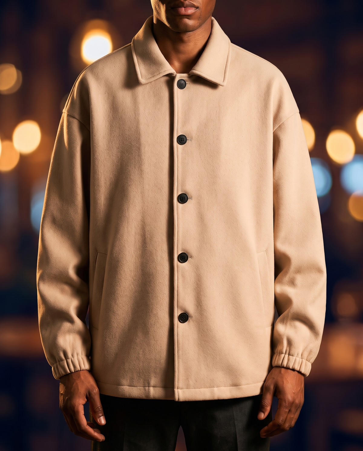 Men's Relaxed Wool Coat in Beige on model, affordable men's jacket