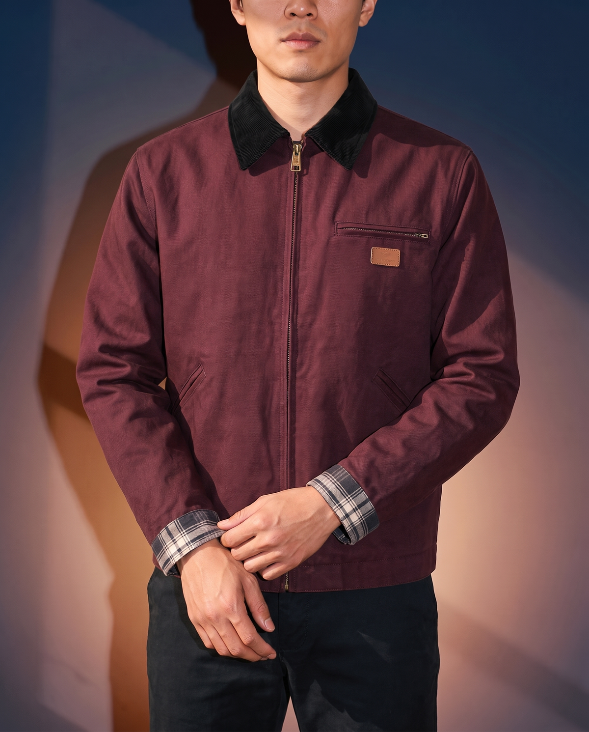Men's Retro Work Jacket in Wine Red on model, affordable men's jacket