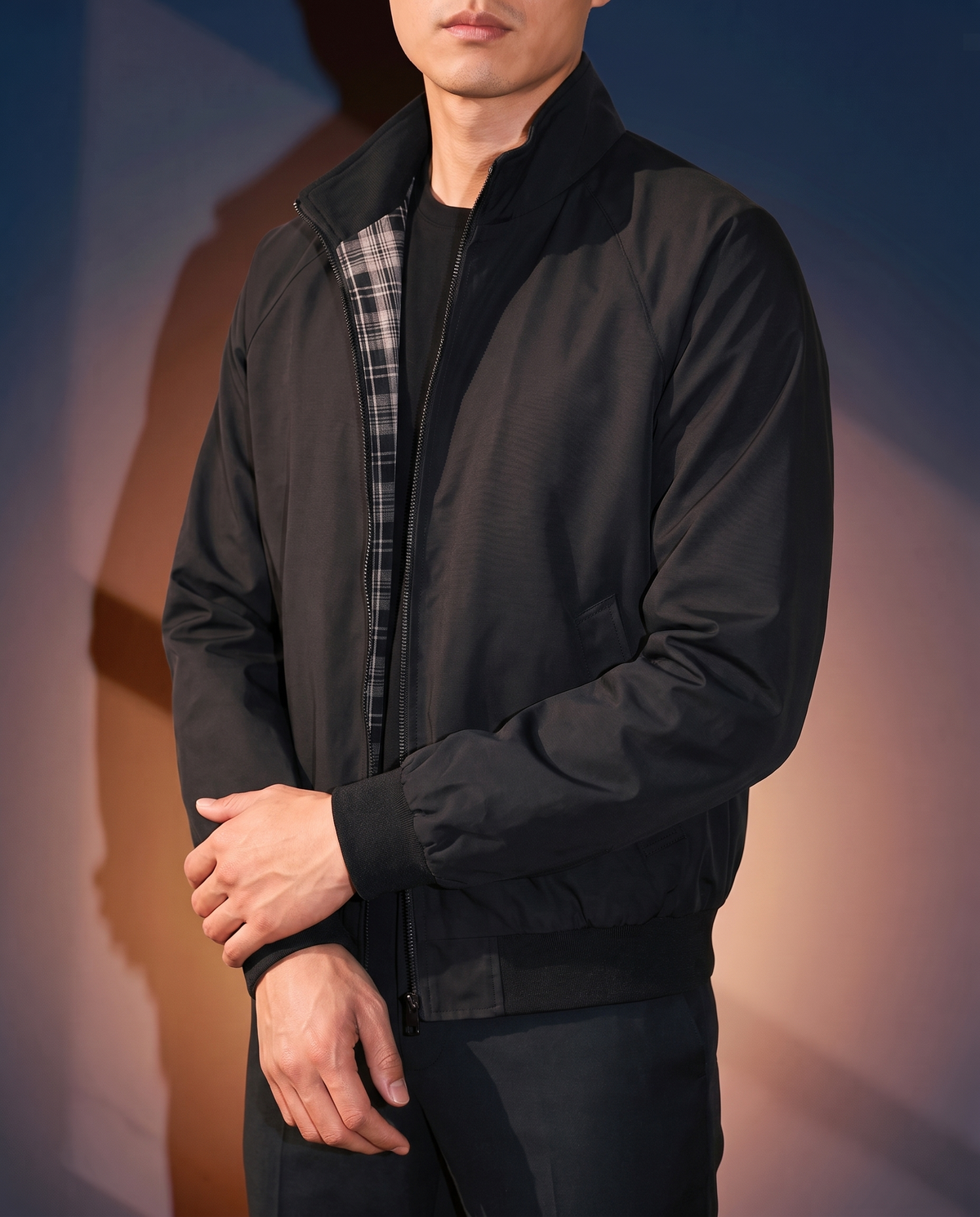 Men's Vintage Stand-Collar Jacket in Black on model, affordable men's jacket