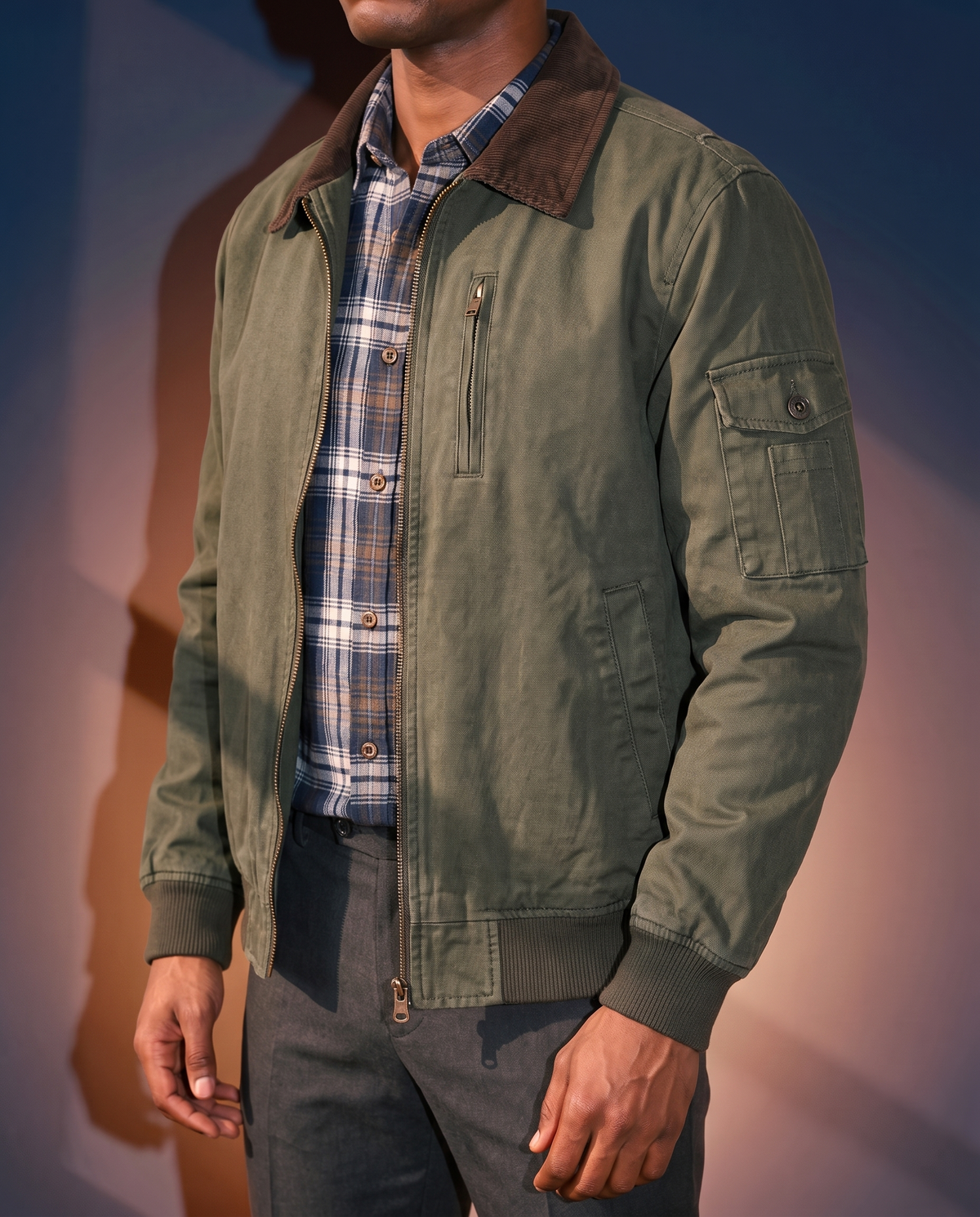 Men's Washed Cotton Flight Jacket in Army Green on model, affordable men's jacket