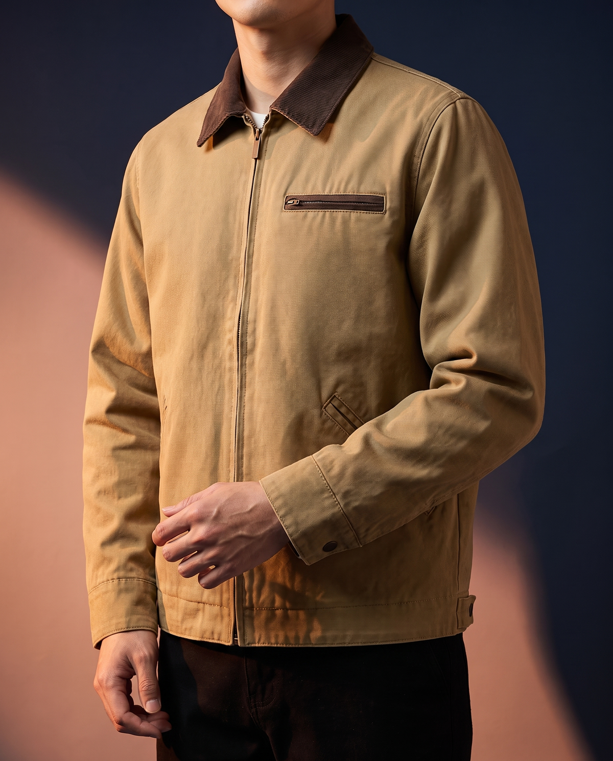 Men's Washed Lapel Work Jacket in Khaki on model, affordable men's jacket