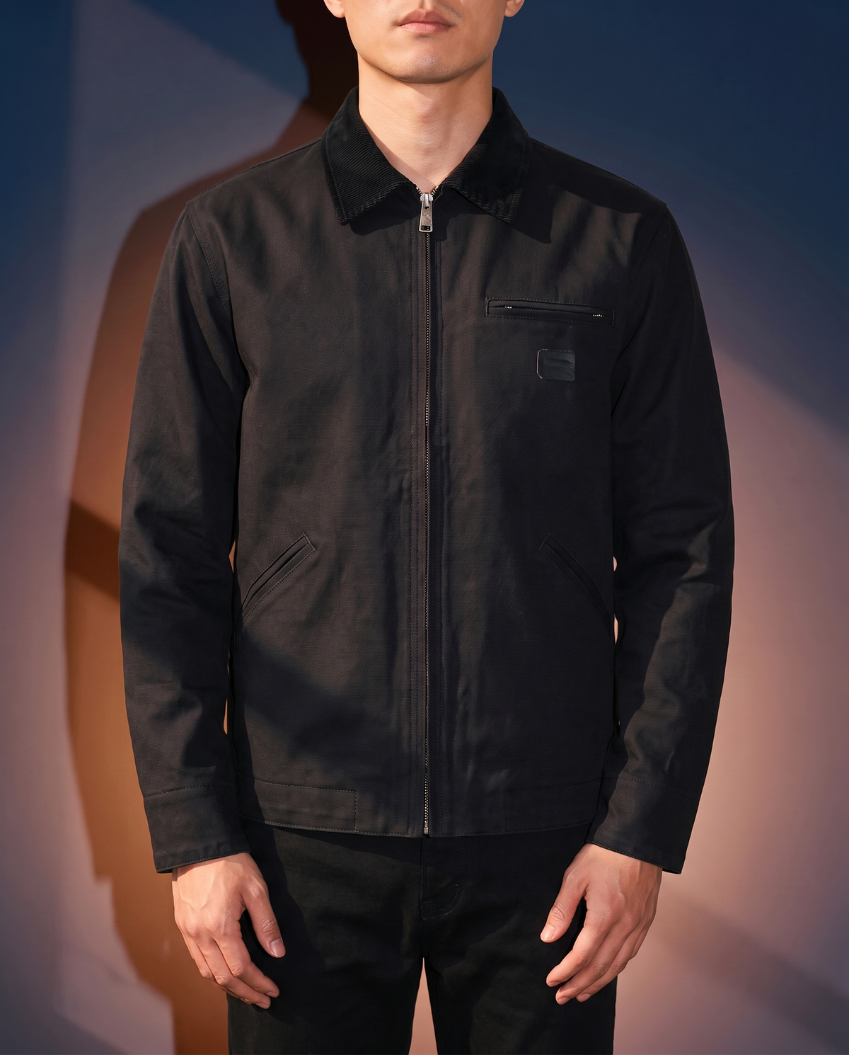 Men's Retro Work Jacket in Black on model, affordable men's jacket