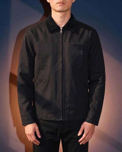 Men's Retro Work Jacket in Black on model, affordable men's jacket