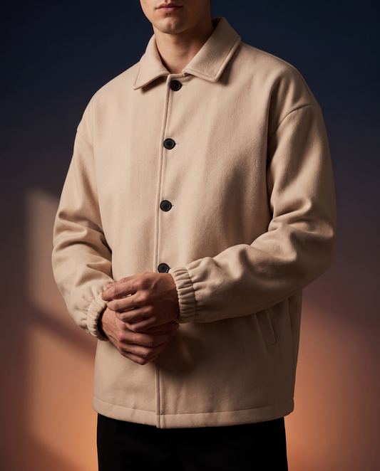 Men's Relaxed Wool Coat in Beige on model, affordable men's jacket