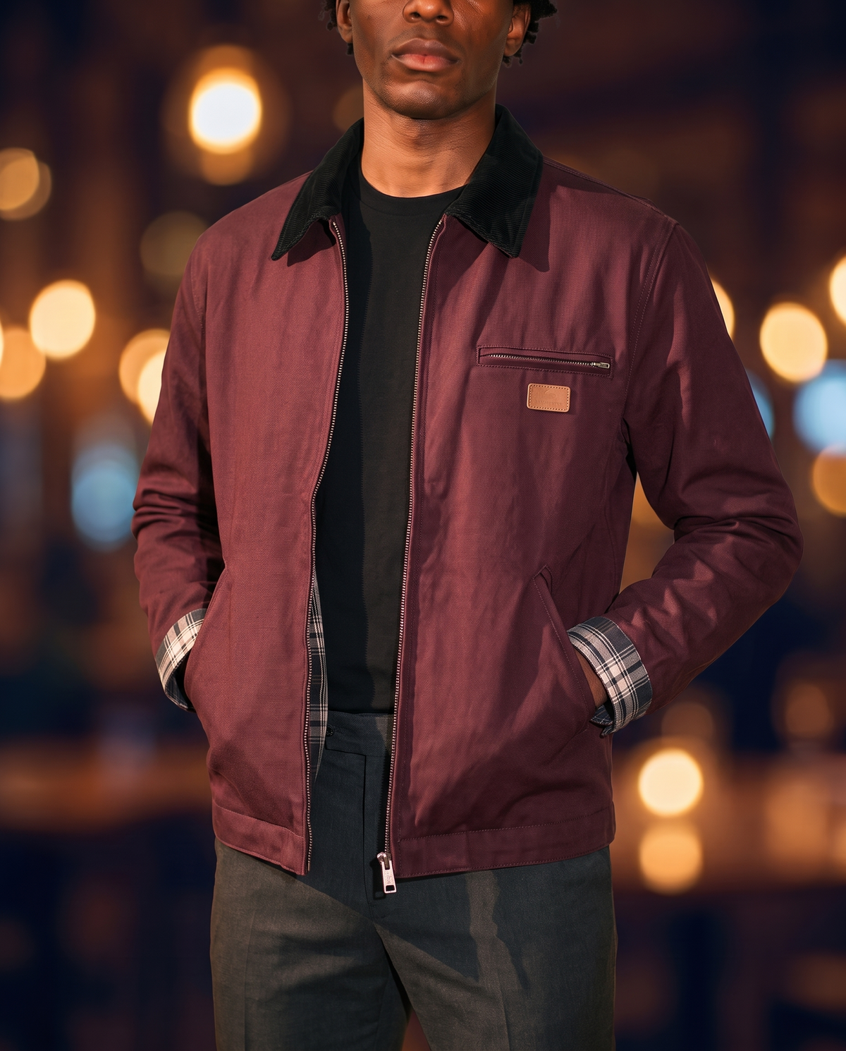 Men's Retro Work Jacket in Wine Red on model, affordable men's jacket
