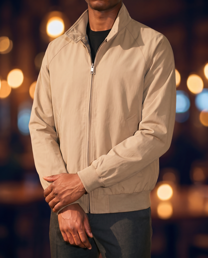 Men's Vintage Stand-Collar Jacket in Khaki on model, affordable men's jacket