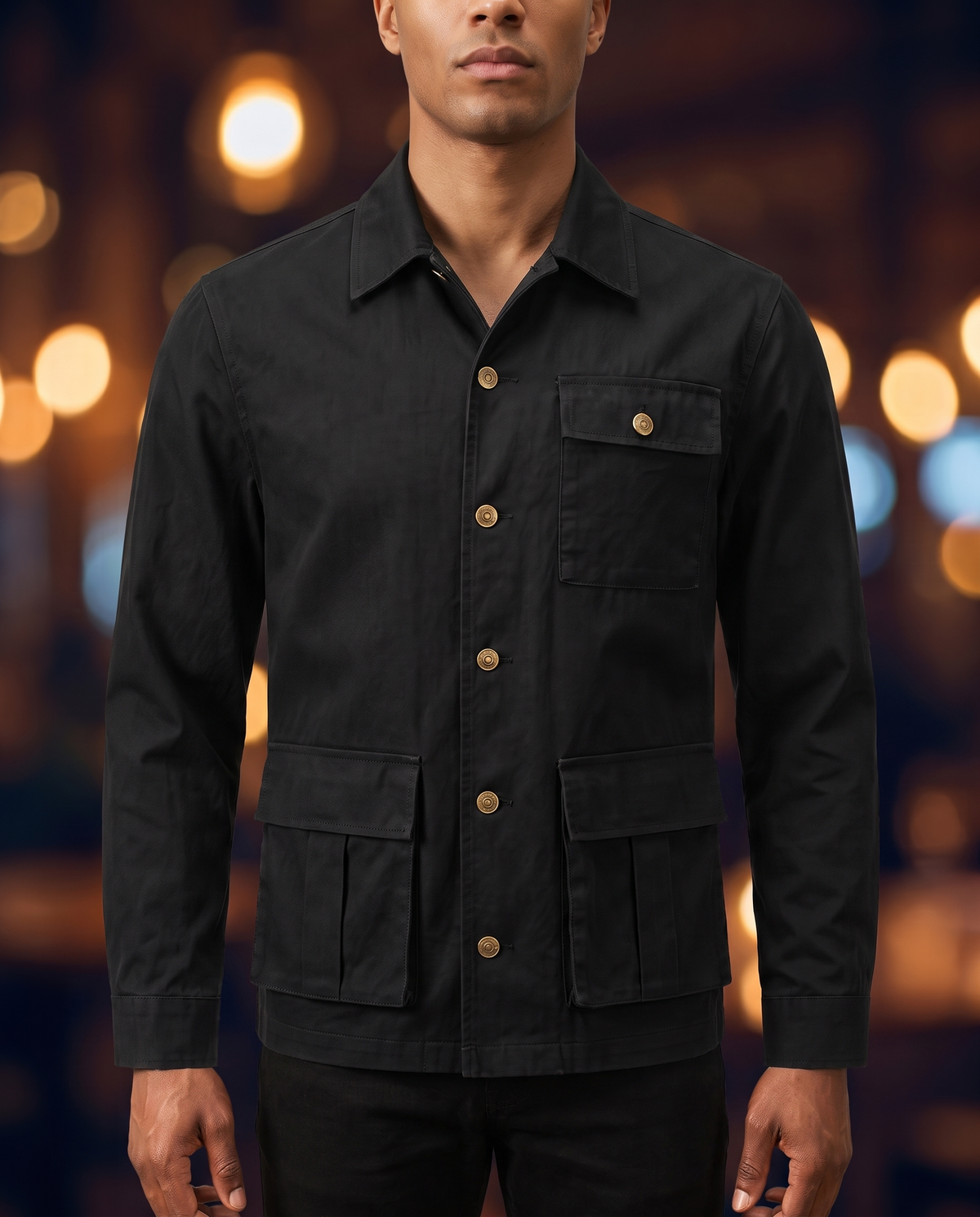 Men's Multi-Pocket Utility Coat in Black on model, affordable men's jacket