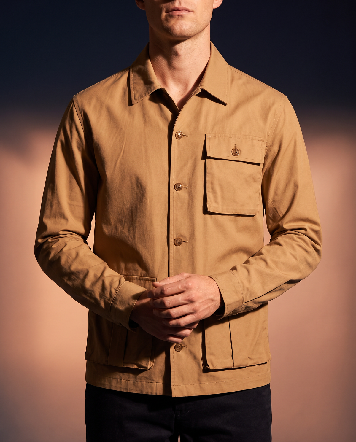 Men's Multi-Pocket Utility Coat in Khaki on model, affordable men's jacket