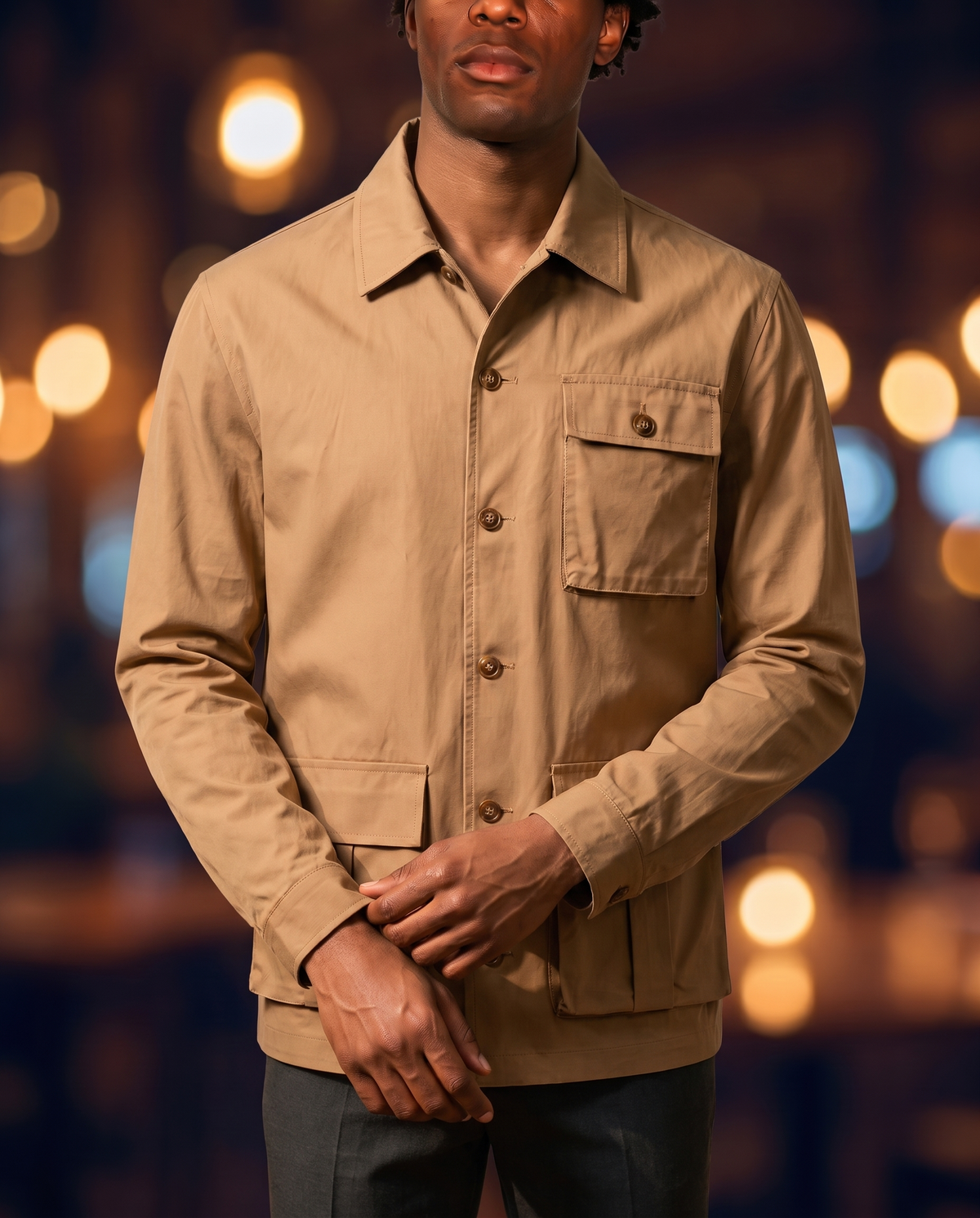 Men's Multi-Pocket Utility Coat in Khaki on model, affordable men's jacket