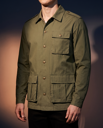 Men's Multi-Pocket Utility Coat in Army green on model, affordable men's jacket