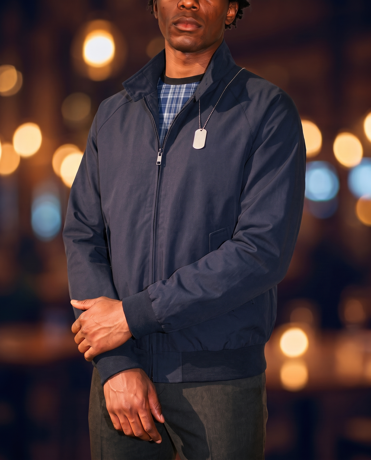 Men's Vintage Stand-Collar Jacket in Navy Blue on model, affordable men's jacket