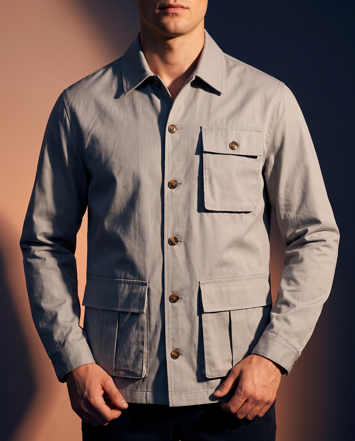 Men's Multi-Pocket Utility Coat in Gray on model, affordable men's jacket