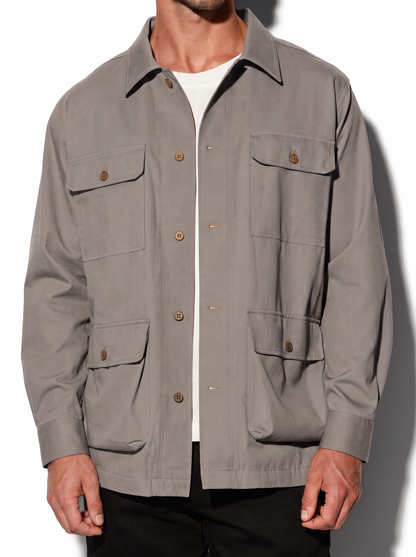 Men's Multi-Pocket Utility Coat in Gray on model, affordable men's jacket