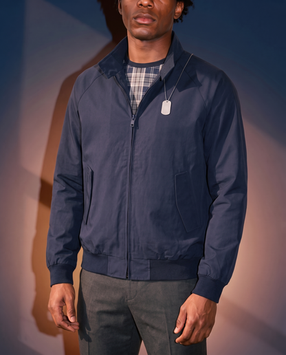 Men's Vintage Stand-Collar Jacket in Navy Blue on model, affordable men's jacket