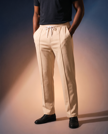 Men's Knit Straight-Leg Trousers in Apricot on model, going out pants