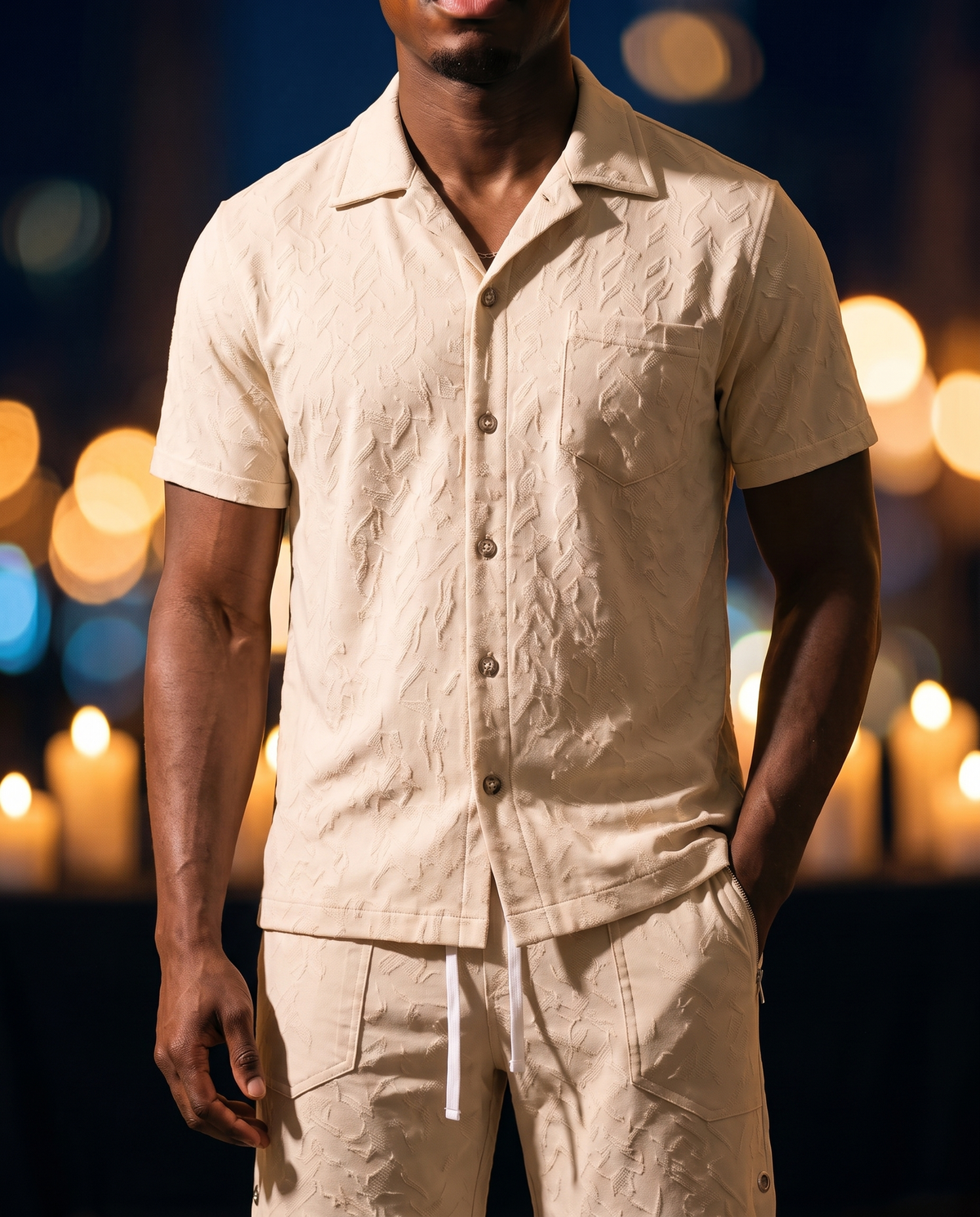 Men's Embossed Knit Polo in Beige on model, date night shirt