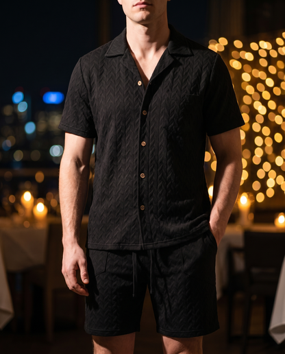 Men's Embossed Knit Polo in Black on model, date night shirt