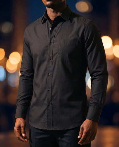 Men's Classic Cotton Button-Down in Black on model, date night shirt
