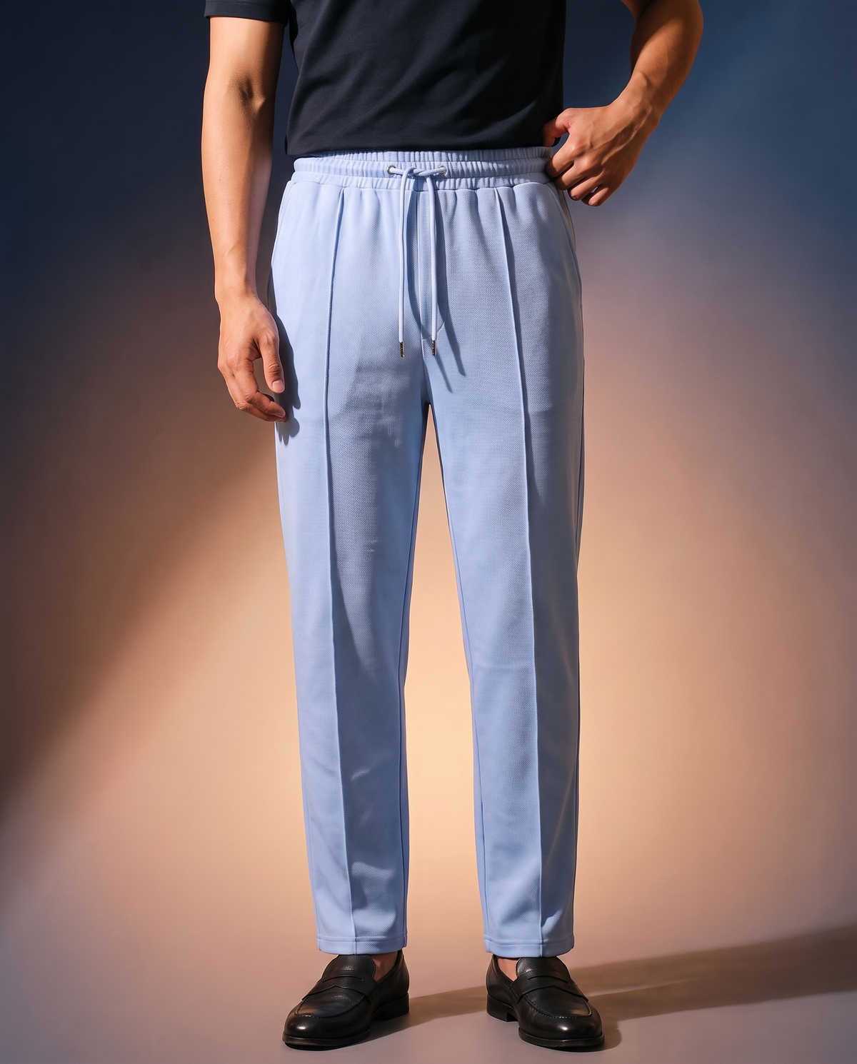 Men's Knit Straight-Leg Trousers in Light blue on model, going out pants