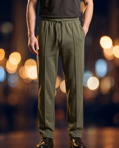 Men's Knit Straight-Leg Trousers in Army green on model, going out pants